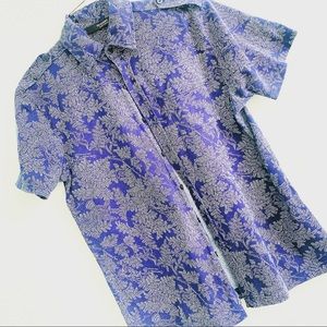 MURANO mens button up down short sleeve shirt bird leaf print navy Small